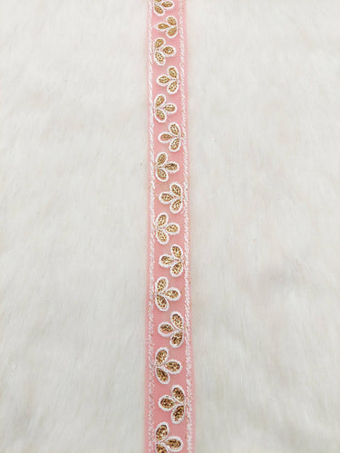 Wholesale Peach Net Lace Floral Embroidery & Glitter Gold Sequins, Indian Wedding Border, Gifting Ribbon Costume Trim Fashion Trimming